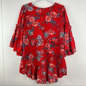 Umgee size Small Women’s Red Floral 3/4 Bell Sleeve High Low Blouse